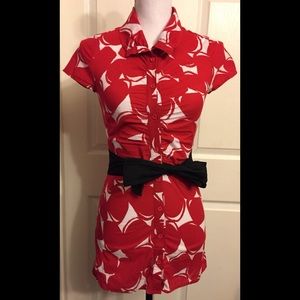 Most Red & White Tie Waist Print Blouse